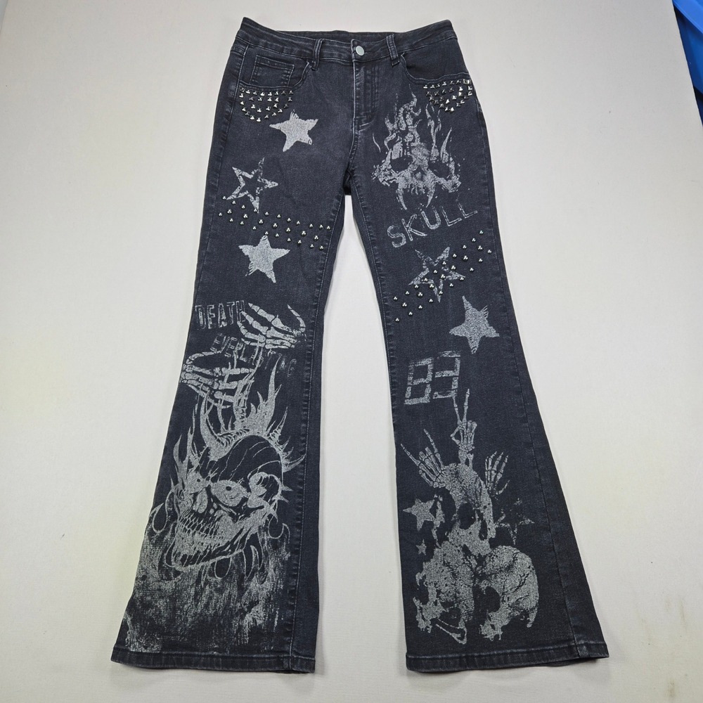 ROMWE Flare Jeans Skull Star Studded Graphic Print Black Womens Size L 8/10